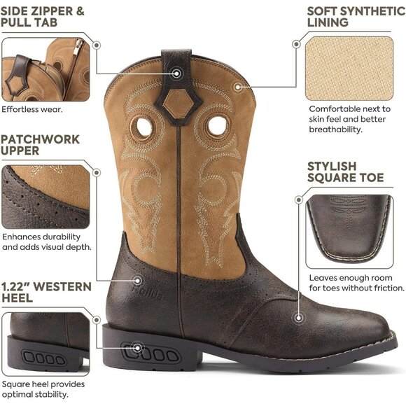 Girls Bronze Brown Western Boots Square Toe Girls Cowgirl Boots Calf High - Picture 2 of 5